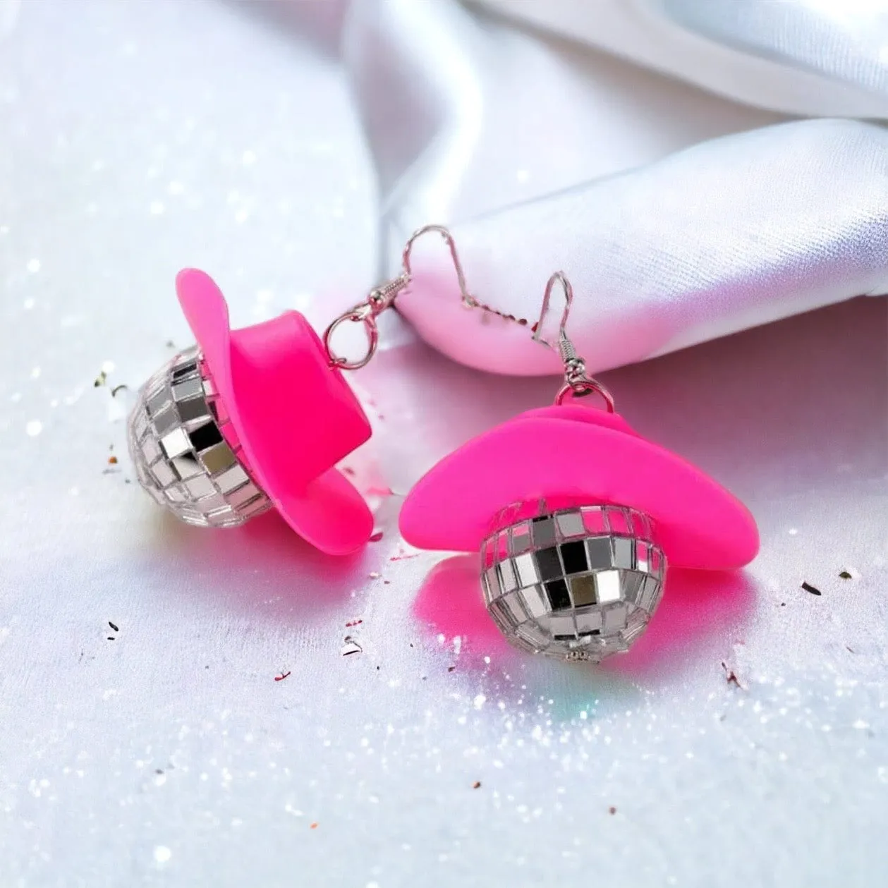 Bachelorette Disco Ball Earrings - Hot Pink, Cowgirl Hat, Ball Drop, Disco Ball, Bachelorette Party, New Year's Eve, NYE Earrings, Disco