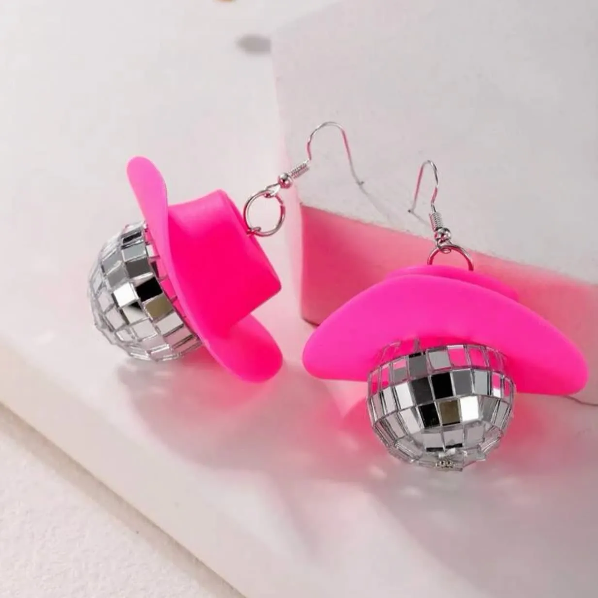 Bachelorette Disco Ball Earrings - Hot Pink, Cowgirl Hat, Ball Drop, Disco Ball, Bachelorette Party, New Year's Eve, NYE Earrings, Disco