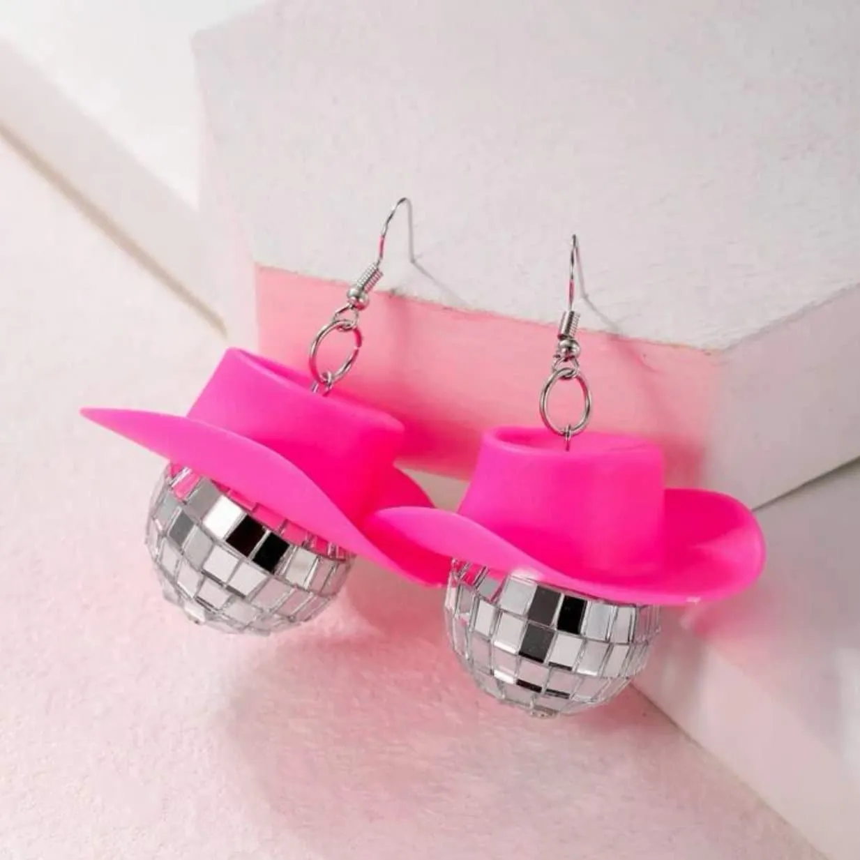 Bachelorette Disco Ball Earrings - Hot Pink, Cowgirl Hat, Ball Drop, Disco Ball, Bachelorette Party, New Year's Eve, NYE Earrings, Disco