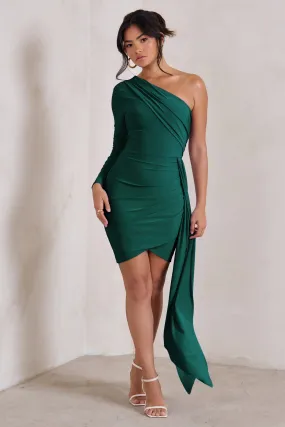 Claudina | Bottle Green Asymmetric Long Sleeve Wrap Mini Dress With Statement Drape