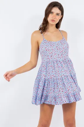 Dress - Floral Open Back Mini Sun Dress -Blue