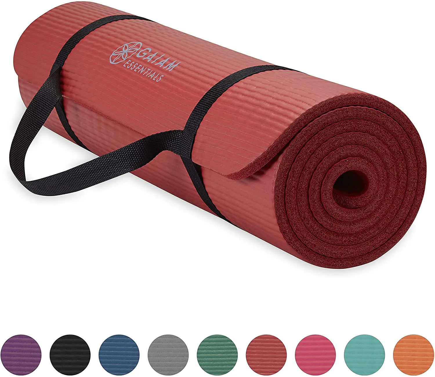 Gaiam Essentials Thick Yoga Mat Fitness & Exercise Mat with Easy-Cinch Yoga Mat Carrier Strap, 72"L x 24"W x 2/5 Inch Thick