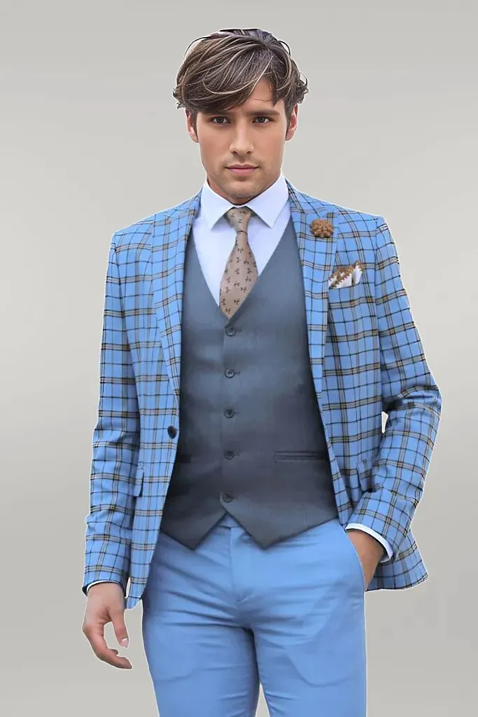 Grey Vested Slim Fit Checked Light Blue Men Suit - Wessi