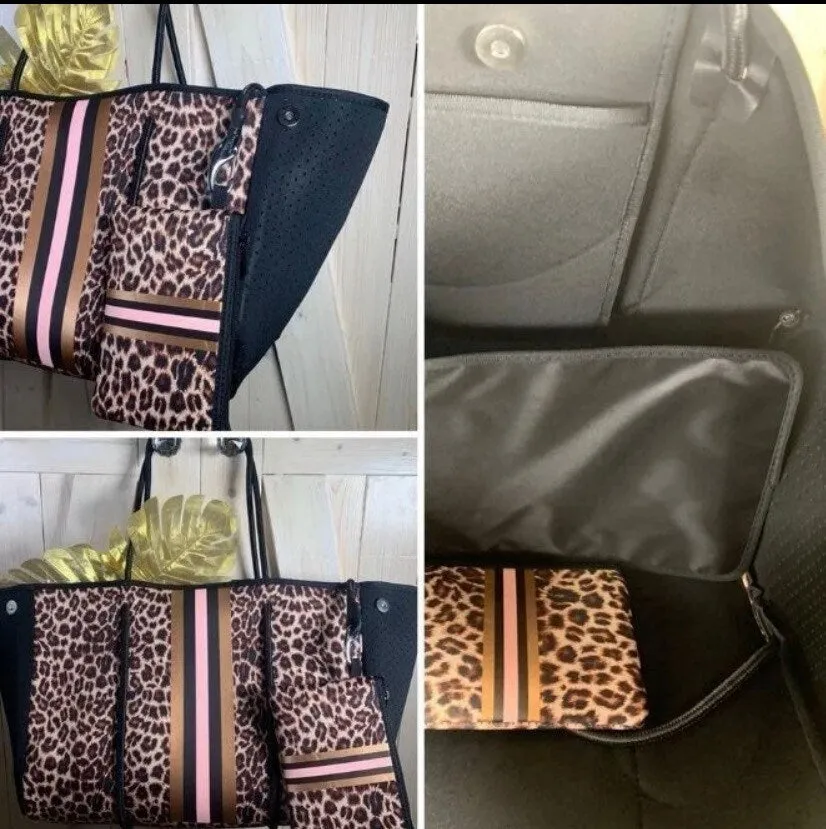 Neoprene Waterproof Tote cheetah   metallic bronze pink & black racing stripes  various grey gray navy blue aqua violet red silver gold bag