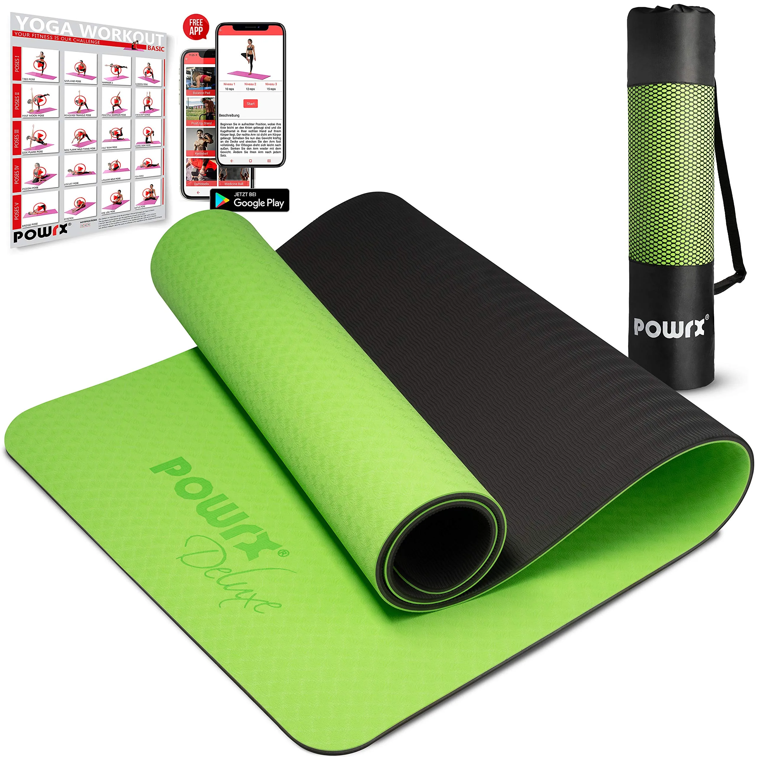 POWRX Yoga Mat 3-layer Technology incl. Carrying Strap   Bag | Excersize mat for workout