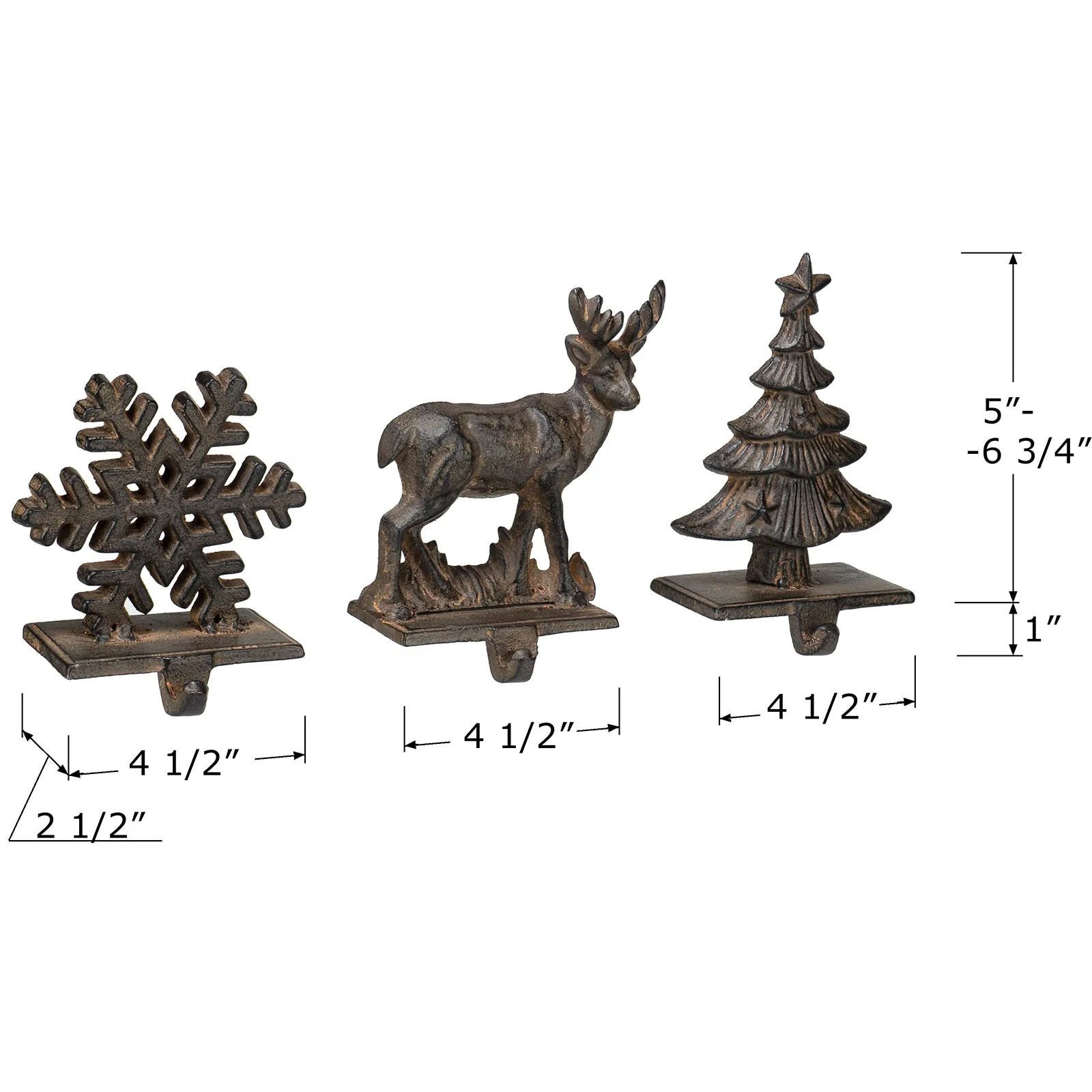 Red Co. Set of 3 Snowflake, Reindeer & Christmas Tree Decorative Cast Iron Stocking Holders