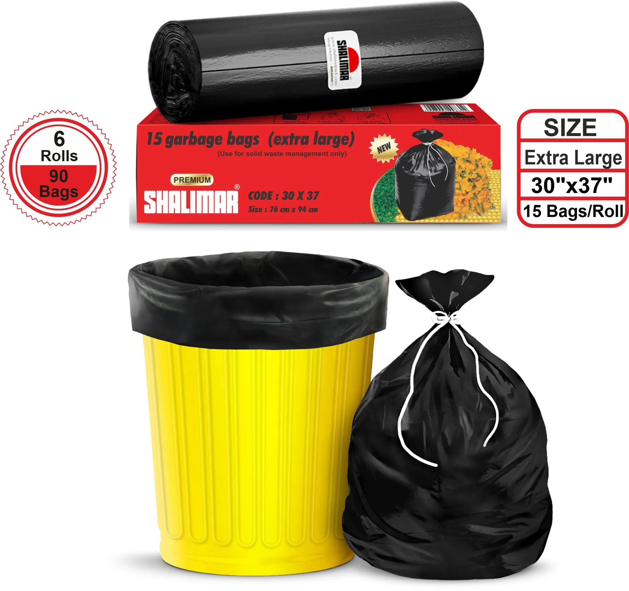 Shalimar Premium Garbage Bags (Extra Large) Size 76 cm x 94 cm 6 Rolls (90 Bags) (Trash Bag/ Dustbin Bag)