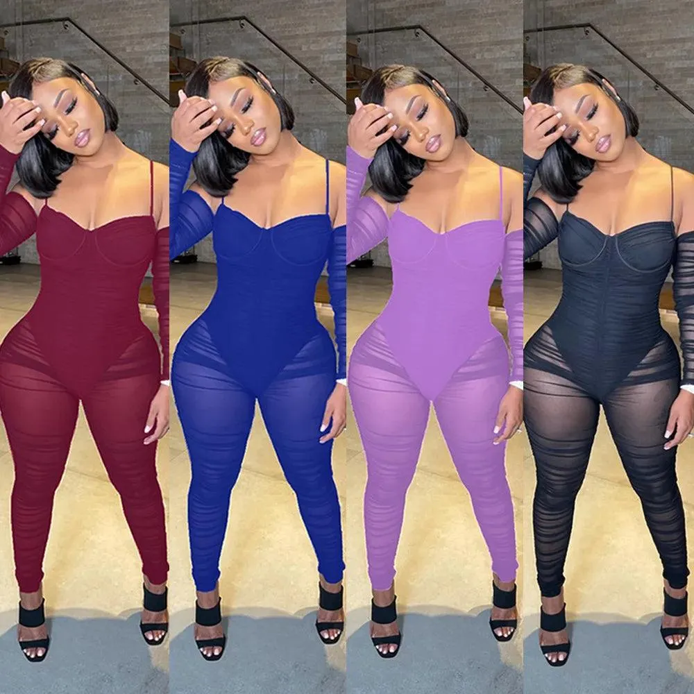 Women's Sheer Mesh Patchwork Romper Jumpsuit with Long Sleeve